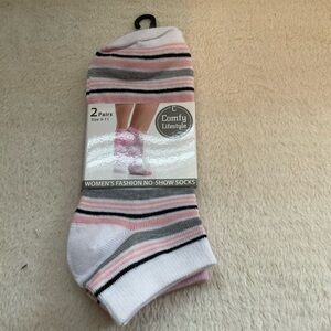 Women’s No-Show Socks - Pink, Gray & White Stripes (2 Pairs)